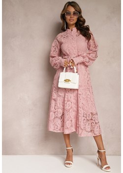 Różowa Koronkowa Sukienka Midi z Ozdobnym Wiązaniem Camaela ze sklepu Renee odzież w kategorii Sukienki - zdjęcie 167521979