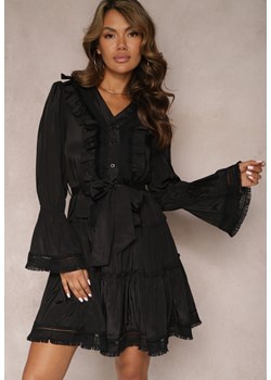 Czarna Mini Sukienka o Rozkloszowanym Kroju z Falbankami i Materiałowym Paskiem w Talii Fiorfa ze sklepu Renee odzież w kategorii Sukienki - zdjęcie 167521998