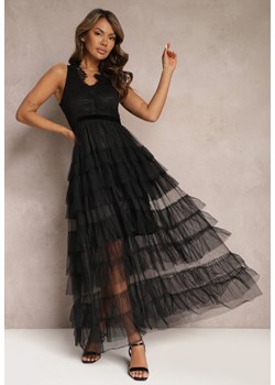 Czarna Wieczorowa Sukienka Maxi Ozdobiona Koronką i Falbanami Fariel ze sklepu Renee odzież w kategorii Sukienki - zdjęcie 167522028