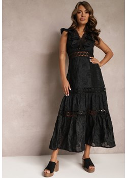 Czarna Koronkowa Sukienka z Ażurowymi Wstawkami i Falbanką Rehlia ze sklepu Renee odzież w kategorii Sukienki - zdjęcie 167522038