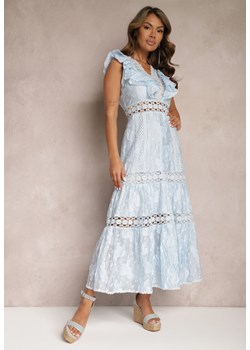 Jasnoniebieska Koronkowa Sukienka z Ażurowymi Wstawkami i Falbanką Rehlia ze sklepu Renee odzież w kategorii Sukienki - zdjęcie 167522048