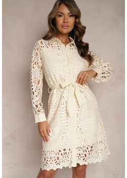 Beżowa Koszulowa Sukienka Mini z Ażurowej Koronki i Paskiem Norila ze sklepu Renee odzież w kategorii Sukienki - zdjęcie 167522058