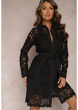 Czarna Koszulowa Sukienka Mini z Ażurowej Koronki i Paskiem Norila ze sklepu Renee odzież w kategorii Sukienki - zdjęcie 167522068