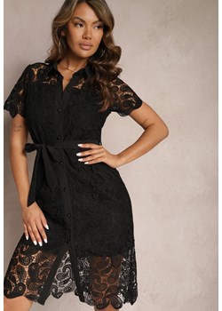 Czarna Koronkowa Sukienka Koszulowa Midi z Paskiem Azariela ze sklepu Renee odzież w kategorii Sukienki - zdjęcie 167522098