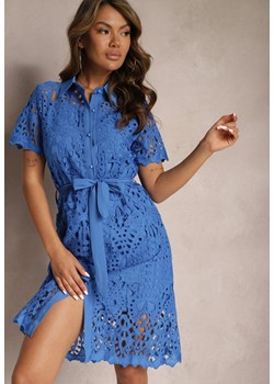 Niebieska Koszulowa Sukienka Midi z Ażurowym Zdobieniem Tatrasi ze sklepu Renee odzież w kategorii Sukienki - zdjęcie 167522118