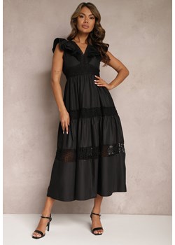 Czarna Rozkloszowana Sukienka Maxi z Koronką i Wiązaniem na Plecach Iofia ze sklepu Renee odzież w kategorii Sukienki - zdjęcie 167522138