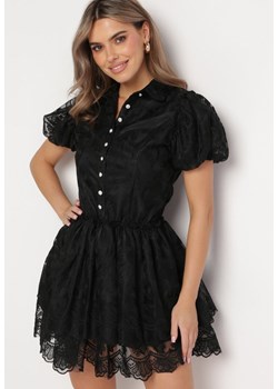 Czarna Koronkowa Sukienka Mini w Kwiaty z Bufiastymi Rękawami Cervi ze sklepu Born2be Odzież w kategorii Sukienki - zdjęcie 167526247