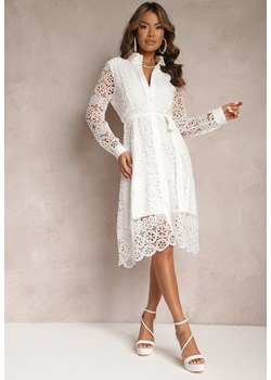Biała Rozkloszowana Midi Sukienka Ozdobiona Koronką z Paskiem w Talii Sailla ze sklepu Renee odzież w kategorii Sukienki - zdjęcie 167561956