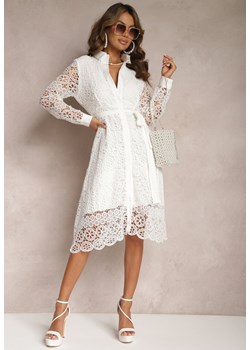 Biała Rozkloszowana Midi Sukienka Ozdobiona Koronką z Paskiem w Talii Sailla ze sklepu Renee odzież w kategorii Sukienki - zdjęcie 167561957