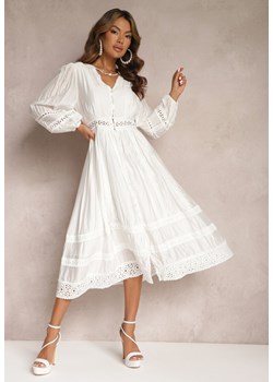 Biała Rozkloszowana Sukienka Midi z Ażurowym Zdobieniem Celira ze sklepu Renee odzież w kategorii Sukienki - zdjęcie 167561966