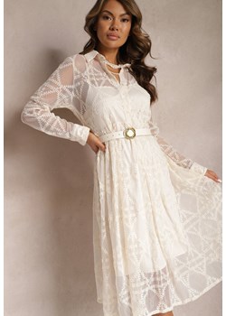 Jasnobeżowa Haftowana Sukienka Midi z Paskiem Binaela ze sklepu Renee odzież w kategorii Sukienki - zdjęcie 167561976