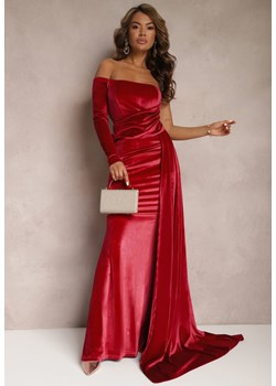 Bordowa Asymetryczna Sukienka Maxi z Ozdobnym Marszczeniem i Trenem Cirielle ze sklepu Renee odzież w kategorii Sukienki - zdjęcie 167564816