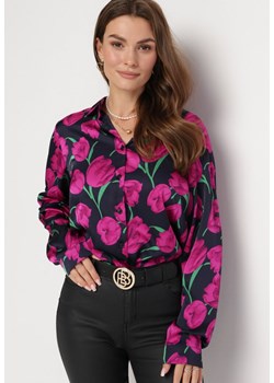 Czarna Satynowa Koszula w Kwiaty Zorfia ze sklepu Born2be Odzież w kategorii Koszule damskie - zdjęcie 167621318