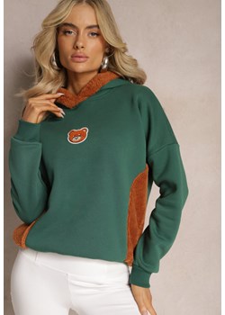 Zielona Bluza z Bawełny z Ozdobną Naszywką z Misiem i Polarowym Kapturem Hecatia ze sklepu Renee odzież w kategorii Bluzy damskie - zdjęcie 167621446