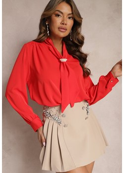 Czerwona Bluzka z Ozdobnym Krawatem i Perłami Reveria ze sklepu Renee odzież w kategorii Bluzki damskie - zdjęcie 167621725