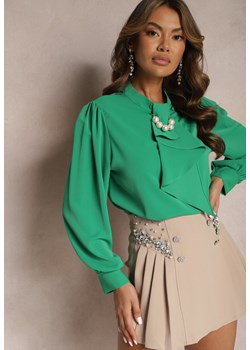 Zielona Bluzka z Krawatem i Ozdobnymi Perłami Berbora ze sklepu Renee odzież w kategorii Bluzki damskie - zdjęcie 167621735