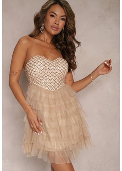 Beżowa Tiulowa Sukienka Mini o Rozkloszowanym Fasonie z Cyrkoniami Klonore ze sklepu Renee odzież w kategorii Sukienki - zdjęcie 167643285