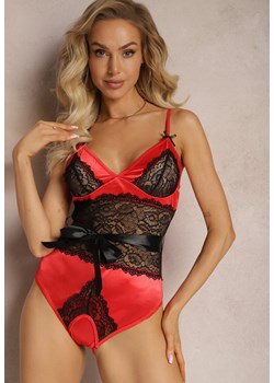 Czerwono-Czarne Koronkowe Body ze Stringami z Paskiem w Talii Azuran ze sklepu Renee odzież w kategorii Body damskie - zdjęcie 167643359