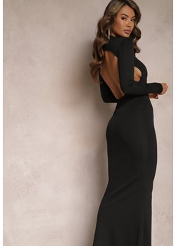 Czarna Dopasowana Sukienka Maxi z Półgolfem Lekko Rozkoszowana z Odkrytymi Plecami Saffira ze sklepu Renee odzież w kategorii Sukienki - zdjęcie 167643415