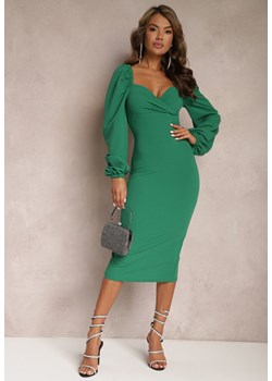 Zielona Kopertowa Sukienka Midi z Drapowaniem i Bufiastymi Rękawami Revie ze sklepu Renee odzież w kategorii Sukienki - zdjęcie 167643485