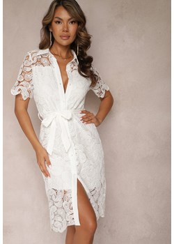 Biała Koronkowa Sukienka Koszulowa Midi z Paskiem Azariela ze sklepu Renee odzież w kategorii Sukienki - zdjęcie 167643635
