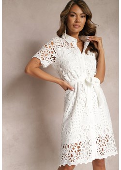 Biała Koszulowa Sukienka Midi z Ażurowym Zdobieniem Tatrasi ze sklepu Renee odzież w kategorii Sukienki - zdjęcie 167643645