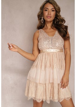 Beżowa Tiulowa Sukienka Mini z Cekinami Jophiela ze sklepu Renee odzież w kategorii Sukienki - zdjęcie 167643658
