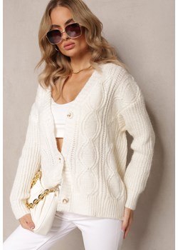Beżowy Sweter Kardigan Oversize z Warkoczykowym Splotem Lotter ze sklepu Renee odzież w kategorii Swetry damskie - zdjęcie 167648026