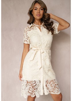 Jasnobeżowa Koronkowa Sukienka Koszulowa Midi z Paskiem Azariela ze sklepu Renee odzież w kategorii Sukienki - zdjęcie 167648046