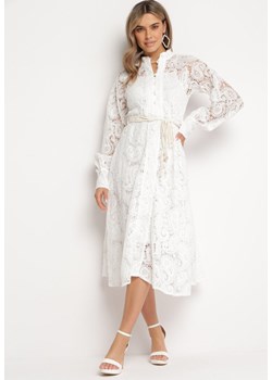 Biała Koronkowa Sukienka Midi z Wiązanym Paskiem Azraella ze sklepu Born2be Odzież w kategorii Sukienki - zdjęcie 167756029