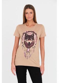 GUESS Brązowy t-shirt z wilkiem, Wybierz rozmiar XL ze sklepu outfit.pl w kategorii Bluzki damskie - zdjęcie 167757818