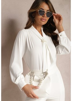 Biała Bluzka z Ozdobnym Krawatem i Perłami Reveria ze sklepu Renee odzież w kategorii Bluzki damskie - zdjęcie 167843979