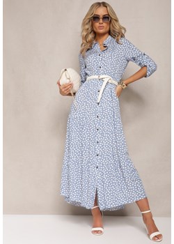 Jasnoniebieska Maxi Sukienka z Bawełny w Kropki o Koszulowym Kroju z Rozkloszowanym Dołem Feriti ze sklepu Renee odzież w kategorii Sukienki - zdjęcie 167863188