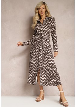 Brązowa Koszulowa Sukienka Midi Ozdobiona Geometrycznym Wzorem i Wiązanym Paskiem Aripel ze sklepu Renee odzież w kategorii Sukienki - zdjęcie 167886565