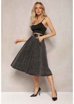 Czarna Rozkloszowana Spódnica Jeansowa Midi z Paskiem Wendlla ze sklepu Renee odzież w kategorii Spódnice - zdjęcie 168152899
