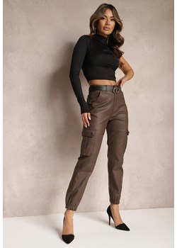 Brązowe Spodnie Cargo z Ekoskóry ze Ściągaczem Selani ze sklepu Renee odzież w kategorii Spodnie damskie - zdjęcie 168153027