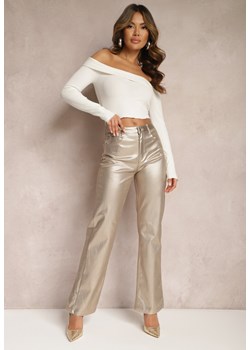 Złote Szerokie Spodnie Metaliczne High Waist z Ekoskóry Tranise ze sklepu Renee odzież w kategorii Spodnie damskie - zdjęcie 168153057