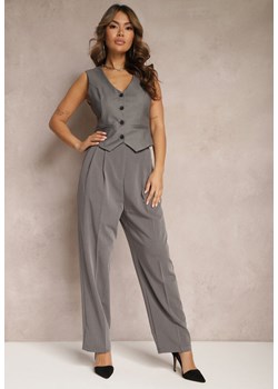 Ciemnoszare Spodnie High Waist w Garniturowym Stylu z Kieszeniami Junife ze sklepu Renee odzież w kategorii Spodnie damskie - zdjęcie 168153179