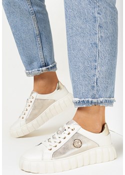 Beżowo-Złote Sneakersy Skórzane na Grubej Podeszwie Cremini ze sklepu born2be.pl w kategorii Buty sportowe damskie - zdjęcie 168184338