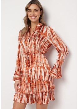 Pomarańczowa Sukienka Mini Ozdobiona Falbankami i Akwarelowym Wzorem Panava ze sklepu Born2be Odzież w kategorii Sukienki - zdjęcie 168209028