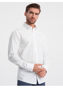 Klasyczna męska bawełniana koszula SLIM FIT w mikro wzór - biała V1 OM-SHCS-0156 ze sklepu ombre w kategorii Koszule męskie - zdjęcie 168212179