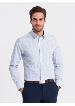 Klasyczna męska bawełniana koszula SLIM FIT w mikro wzór - błękitna V7 OM-SHCS-0156 ze sklepu ombre w kategorii Koszule męskie - zdjęcie 168212215
