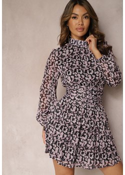 Czarno-Różowa Krótka Sukienka w Cętki z Brokatem Falbankami i Bufiastymi Rękawami Borlla ze sklepu Renee odzież w kategorii Sukienki - zdjęcie 168250158