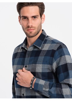 Koszula męska flanelowa w kratę - niebieska V4 OM-SHCS-0150 ze sklepu ombre w kategorii Koszule męskie - zdjęcie 168253738
