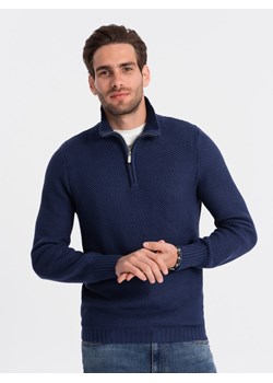 Sweter męski dzianinowy z rozpinaną stójką - ciemnoniebieski V7 OM-SWZS-0105 ze sklepu ombre w kategorii Swetry męskie - zdjęcie 168253767