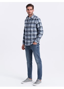 Flanelowa koszula męska w kratę - niebiesko-szara V1 OM-SHCS-0150 ze sklepu ombre w kategorii Koszule męskie - zdjęcie 168253799