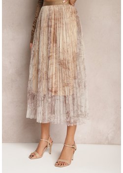 Beżowa Plisowana Spódnica Midi Ozdobiona Abstrakcyjnym Wzorem na Siateczce Estabia ze sklepu Renee odzież w kategorii Spódnice - zdjęcie 168267605