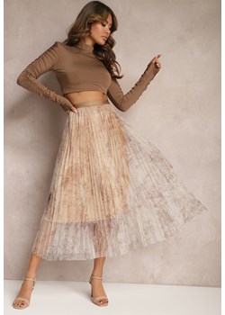 Beżowa Plisowana Spódnica Midi Ozdobiona Abstrakcyjnym Wzorem na Siateczce Estabia ze sklepu Renee odzież w kategorii Spódnice - zdjęcie 168267607
