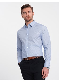 Koszula męska bawełniana w mikro wzór REGULAR FIT - jasnoniebieska V2 OM-SHCS-0152 ze sklepu ombre w kategorii Koszule męskie - zdjęcie 168270457