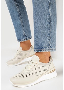 Beżowe Skórzane Sneakersy z Perforacją i Metalicznymi Wstawkami Rendia ze sklepu born2be.pl w kategorii Buty sportowe damskie - zdjęcie 168278558